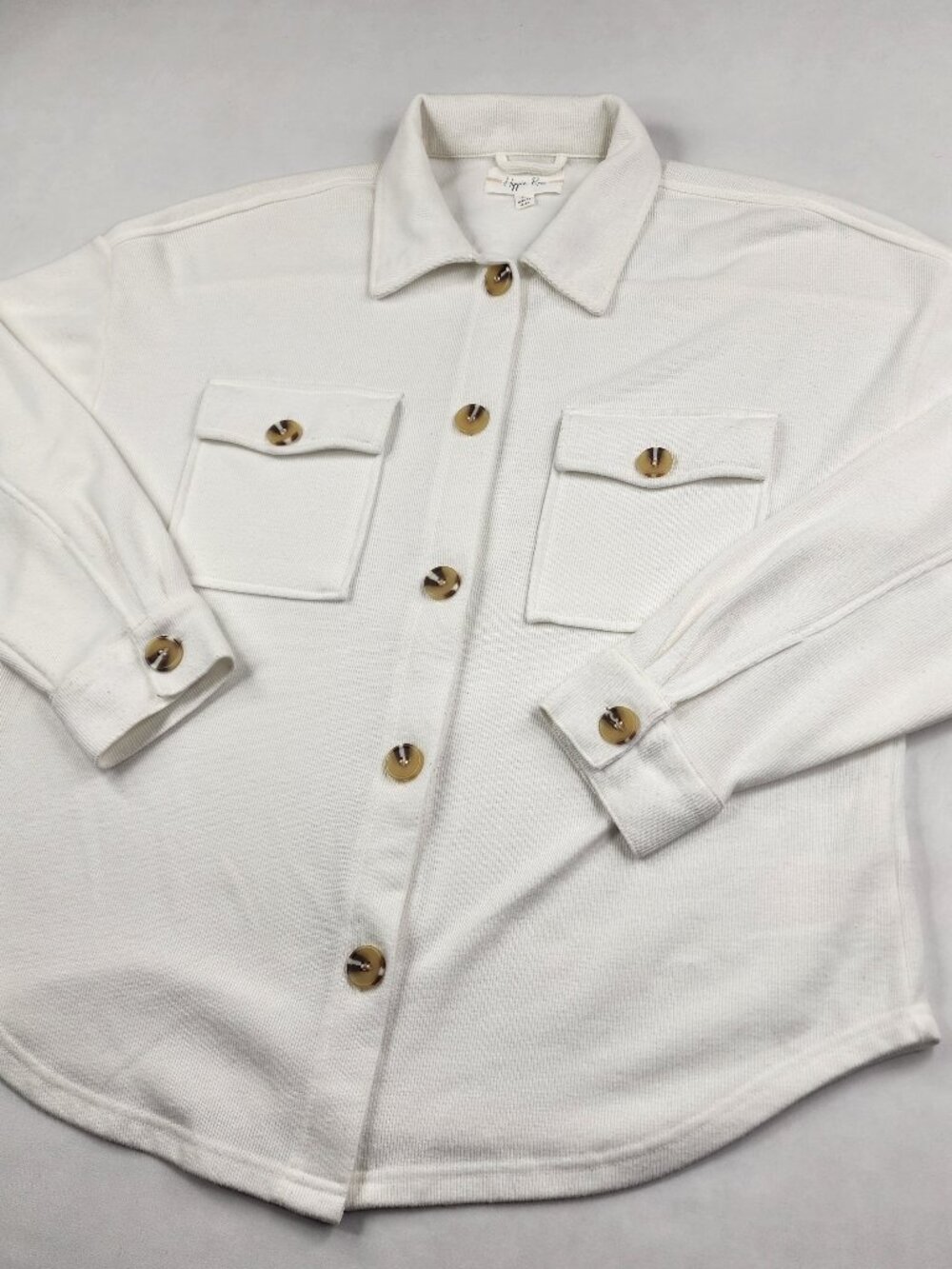 Hippie Rose Womans M White Ribbed Knit Shacket Jacket Button Front Utility Shirt